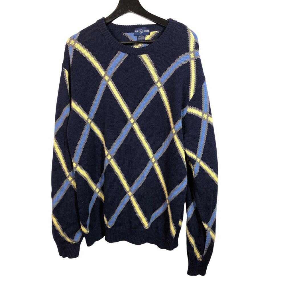 Alan Flusser Sweater Navy Blue Yellow Diamond L Cotton Retro Grandpa Eclectic